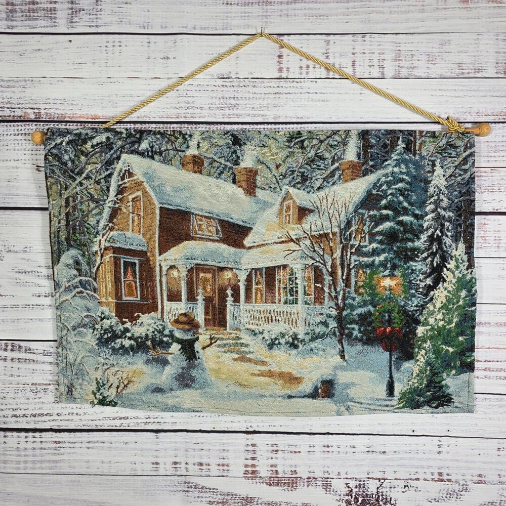 Lighted Christmas Brick Cottage Tapestry Wall Hanging LED Snowman Winter Decor